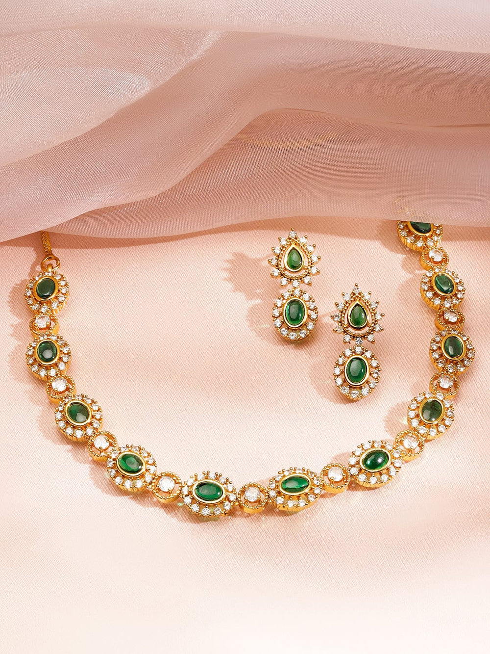 Rubans 22K Gold-Plated Emerald Green Kundan & White Cubic Zirconia Studded Classic Necklace Set Jewellery Set