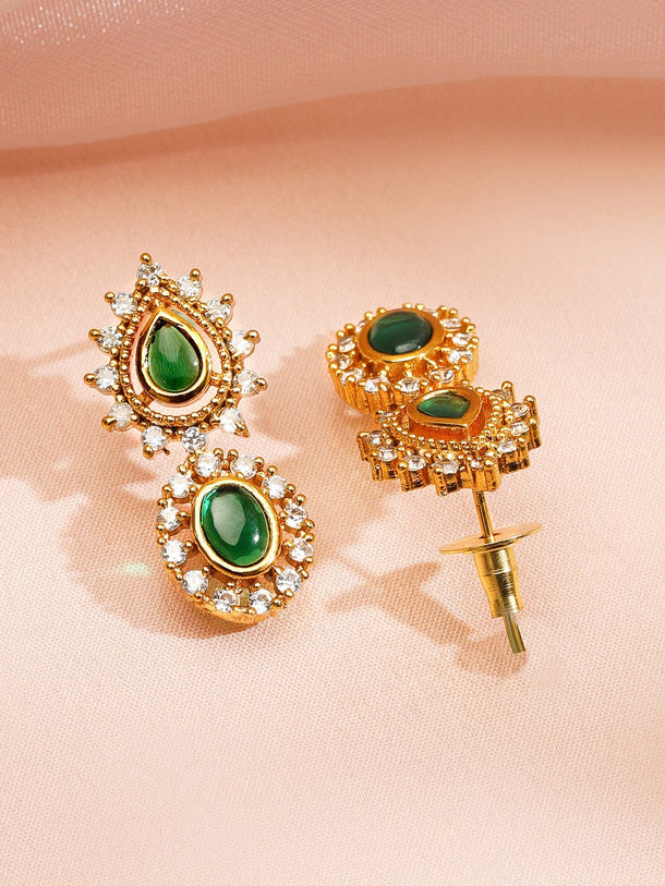 Rubans 22K Gold-Plated Emerald Green Kundan & White Cubic Zirconia Studded Classic Necklace Set Jewellery Set