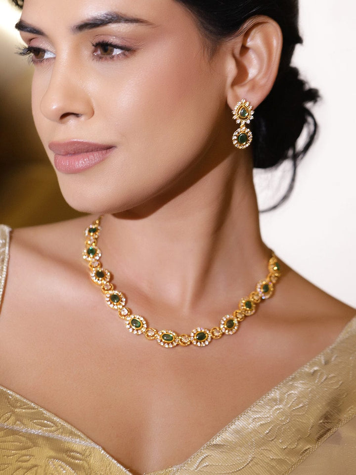Rubans 22K Gold-Plated Emerald Green Kundan & White Cubic Zirconia Studded Classic Necklace Set Necklaces, Necklace Sets, Chains & Mangalsutra
