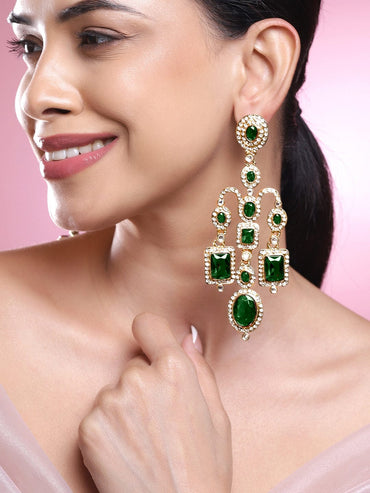 Rubans 22K Gold-Plated Emerald Green Oval & Rectangle Cubic Zirconia Chandelier Earrings Chandelier Earrings