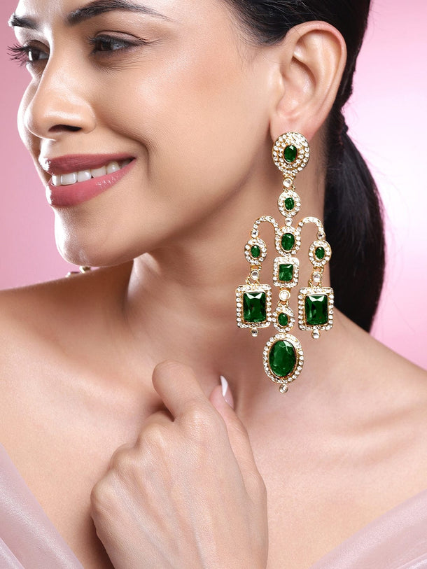 Rubans 22K Gold-Plated Emerald Green Oval & Rectangle Cubic Zirconia Chandelier Earrings Chandelier Earrings