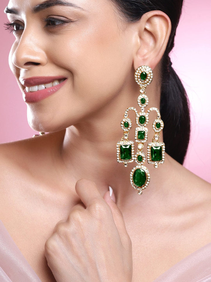 Rubans 22K Gold-Plated Emerald Green Oval & Rectangle Cubic Zirconia Chandelier Earrings Chandelier Earrings