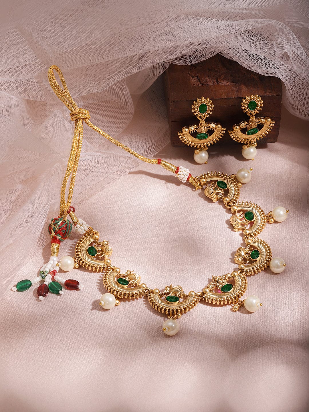 Rubans 22K Gold-Plated Emerald Green & Pearl Beaded Statement Necklace Set with Earrings Necklace Set