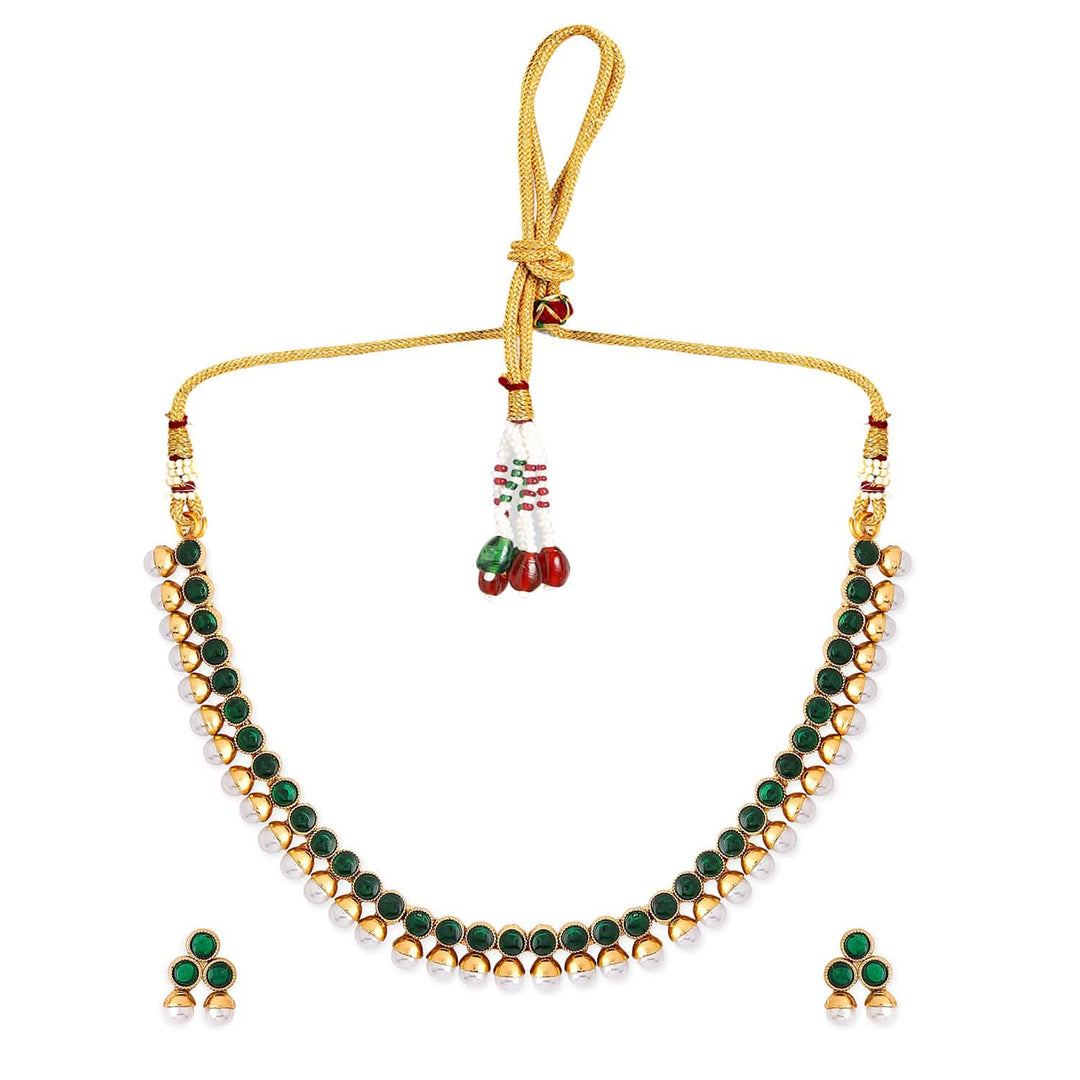 Rubans 22K Gold-Plated Emerald Green & Pearl Beaded Traditional Jewellery Set Choker, Choker set & Kundan Choker set