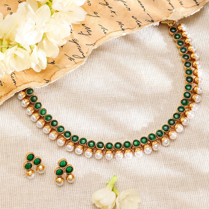 Rubans 22K Gold-Plated Emerald Green & Pearl Beaded Traditional Jewellery Set Choker, Choker set & Kundan Choker set