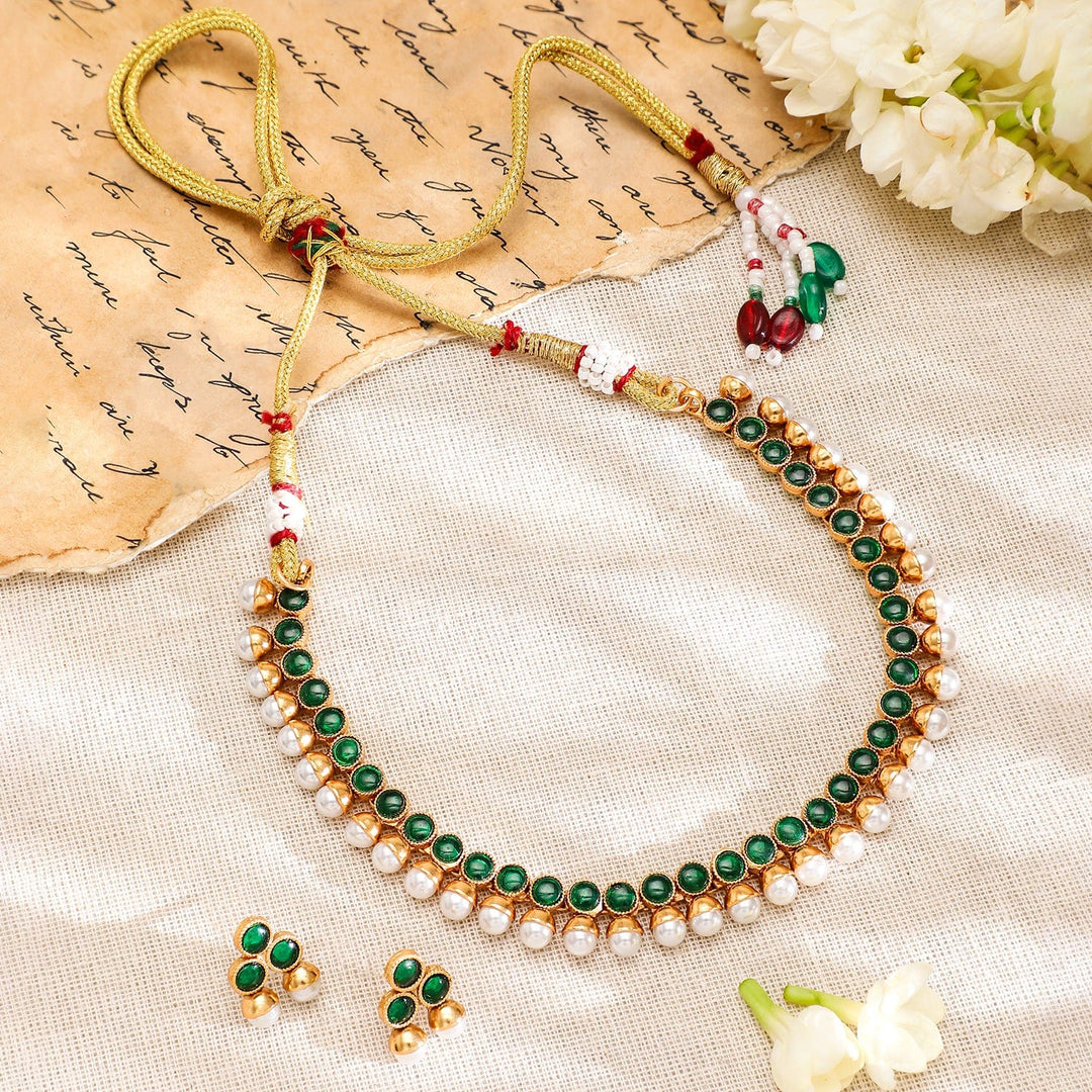 Rubans 22K Gold-Plated Emerald Green & Pearl Beaded Traditional Jewellery Set Choker, Choker set & Kundan Choker set