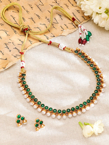 Rubans 22K Gold-Plated Emerald Green & Pearl Beaded Traditional Jewellery Set Jewellery Set