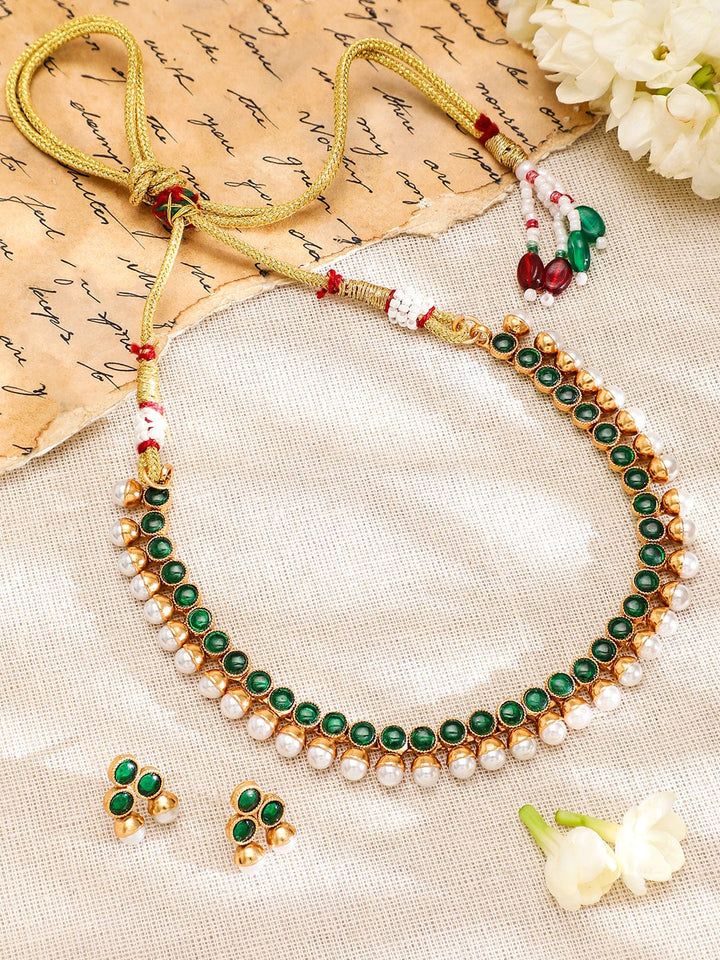 Rubans 22K Gold-Plated Emerald Green & Pearl Beaded Traditional Jewellery Set Jewellery Set