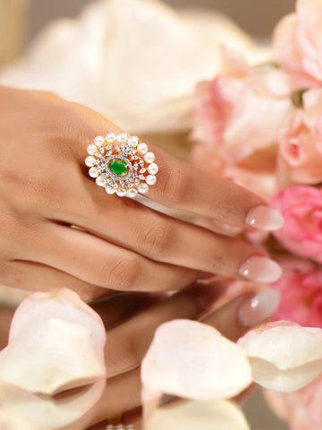 Rubans 22K Gold-Plated Emerald Green, Pearl & Cubic Zirconia Studed Adjustable Finger Ring Finger Rings