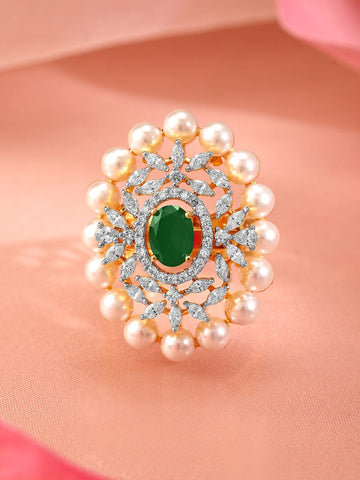 Rubans 22K Gold-Plated Emerald Green, Pearl & Cubic Zirconia Studed Adjustable Finger Ring Rings
