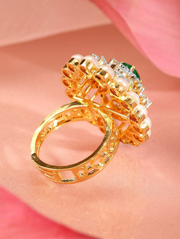 Rubans 22K Gold-Plated Emerald Green, Pearl & Cubic Zirconia Studed Adjustable Finger Ring Rings