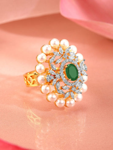 Rubans 22K Gold-Plated Emerald Green, Pearl & Cubic Zirconia Studed Adjustable Finger Ring Rings