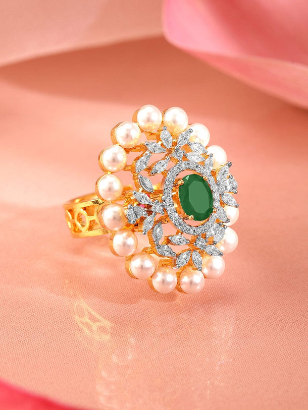 Rubans 22K Gold-Plated Emerald Green, Pearl & Cubic Zirconia Studed Adjustable Finger Ring Rings