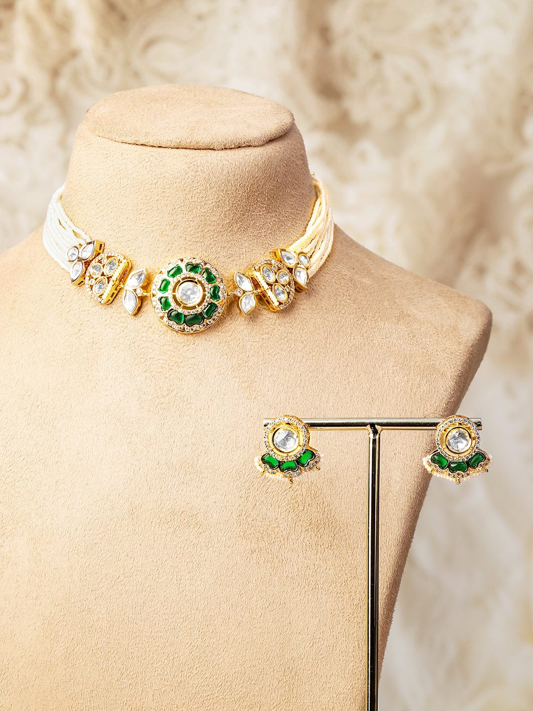 Rubans 22K Gold-Plated Emerald Green Polki & Cubic Zirconia Studded White Pearl Beaded Choker Set for Women Jewellery Set