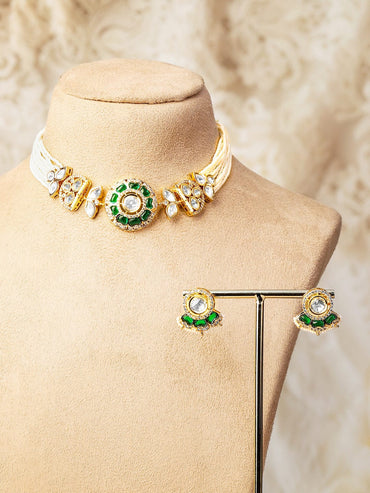 Rubans 22K Gold-Plated Emerald Green Polki & Cubic Zirconia Studded White Pearl Beaded Choker Set for Women Jewellery Set