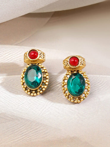 Rubans 22K Gold-Plated Emerald Green & Ruby Red Stone-Studded Adjustable Necklace Set Jewellery Set