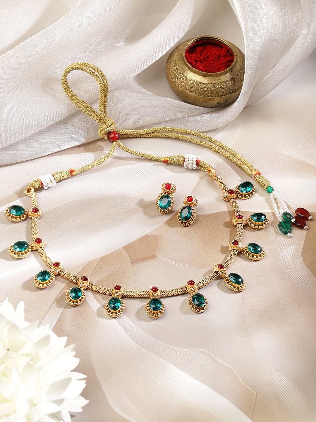 Rubans 22K Gold-Plated Emerald Green & Ruby Red Stone-Studded Adjustable Necklace Set Jewellery Set