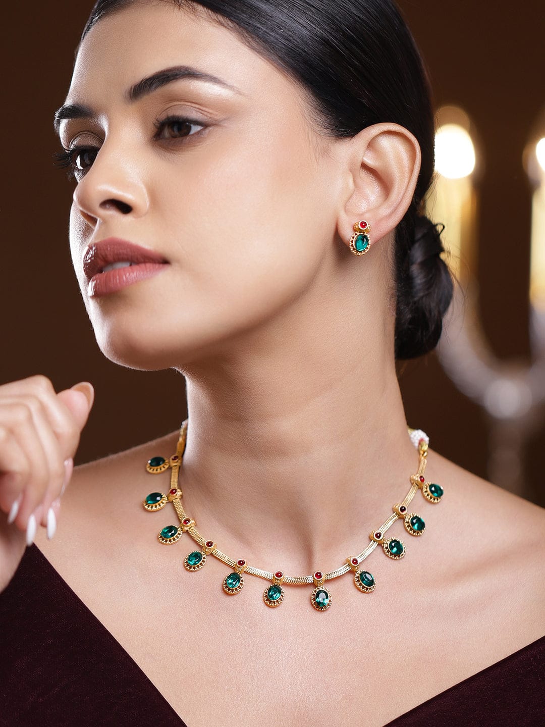Rubans 22K Gold-Plated Emerald Green & Ruby Red Stone-Studded Adjustable Necklace Set Jewellery Set