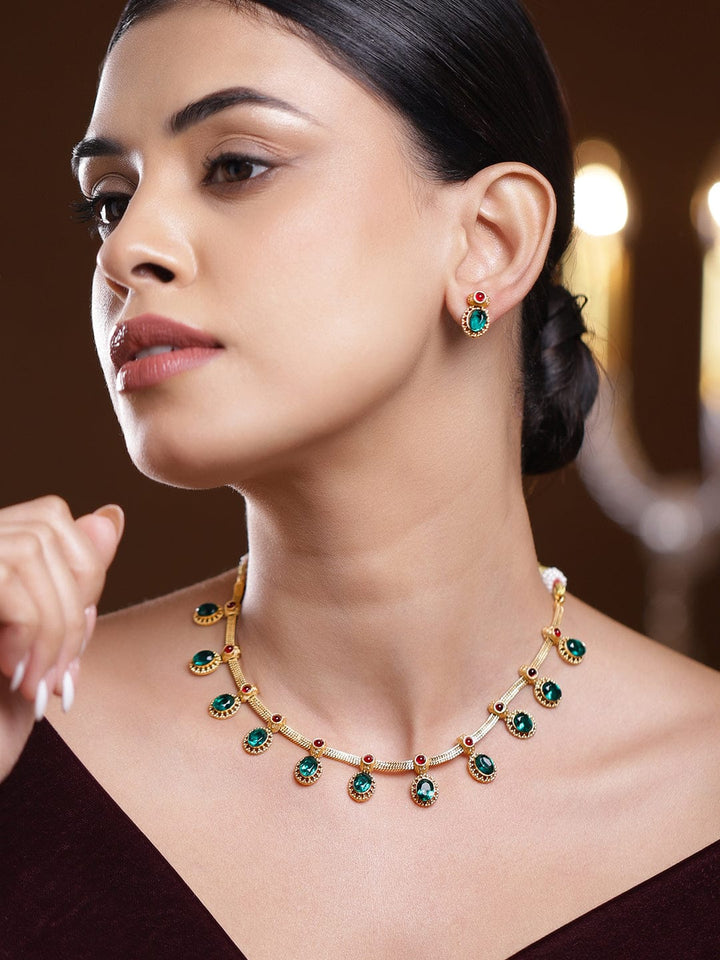 Rubans 22K Gold-Plated Emerald Green & Ruby Red Stone-Studded Adjustable Necklace Set Jewellery Set