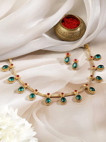 Rubans 22K Gold-Plated Emerald Green & Ruby Red Stone-Studded Adjustable Necklace Set Jewellery Set