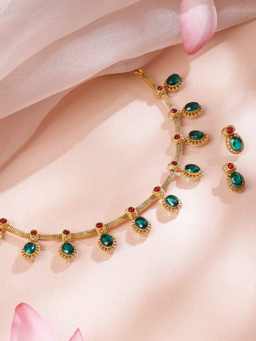 Rubans 22K Gold-Plated Emerald Green & Ruby Red Stone-Studded Adjustable Necklace Set Necklace Set