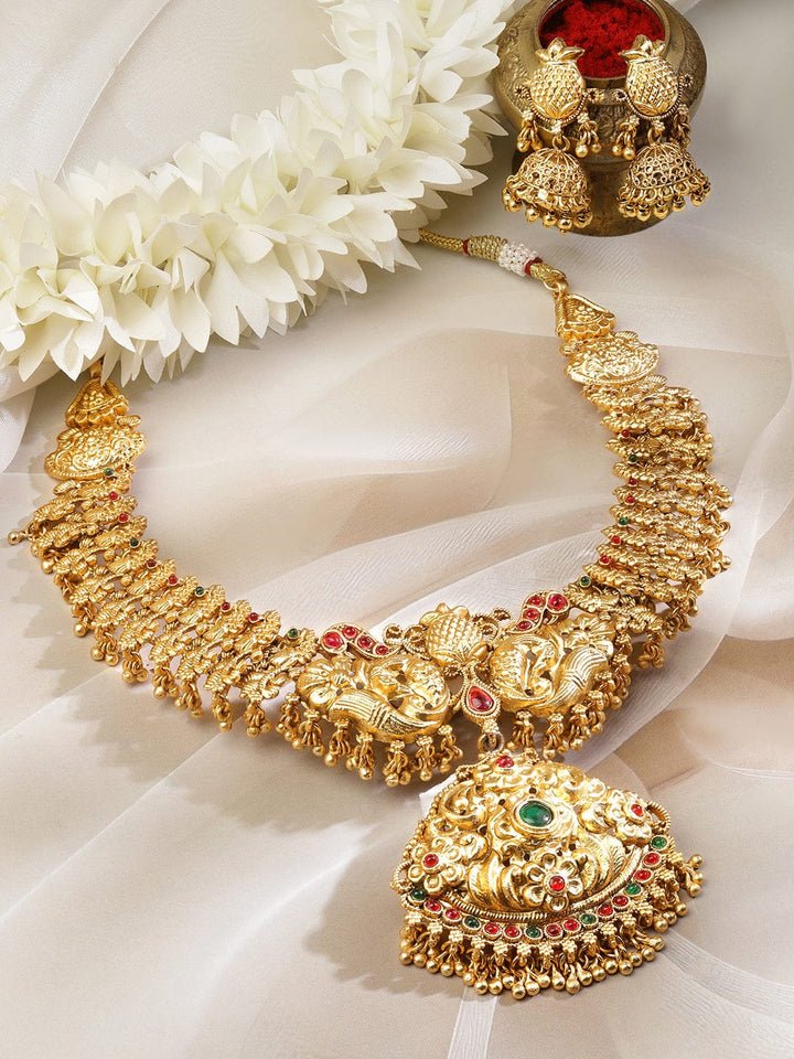 Rubans 22K Gold-Plated Emerald Green & Ruby Red Stone Studded Divine Temple Jewellery Set Jewellery Set