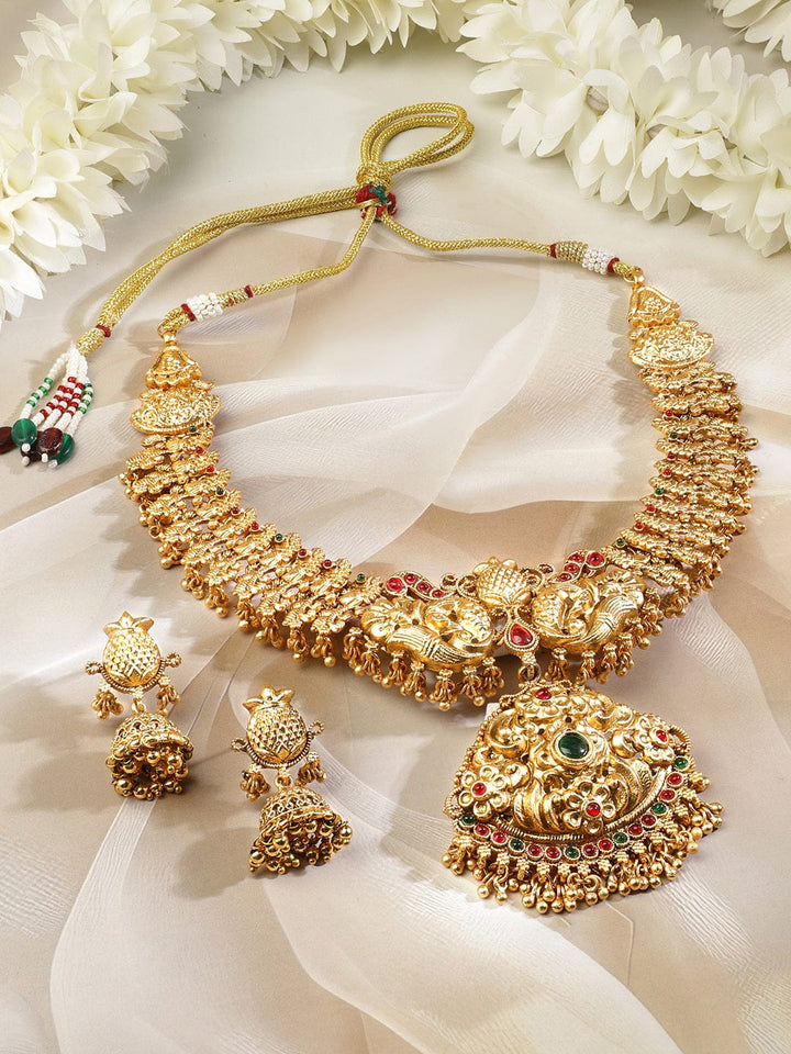 Rubans 22K Gold-Plated Emerald Green & Ruby Red Stone Studded Divine Temple Jewellery Set Jewellery Set