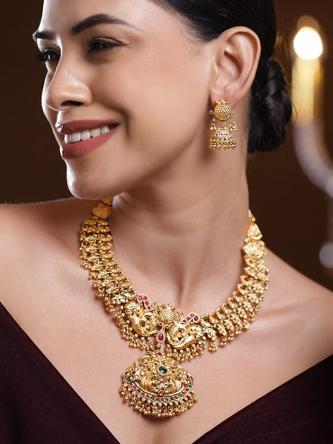 Rubans 22K Gold-Plated Emerald Green & Ruby Red Stone Studded Divine Temple Jewellery Set Necklace Set