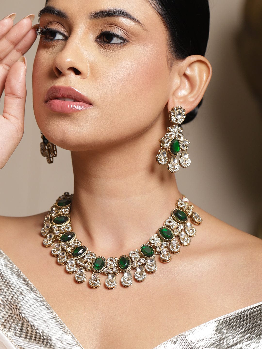 Rubans 22K Gold-Plated Emerald Green Stone, Kundan & Cubic Zirconia Statement Bridal Necklace Set Jewellery Set