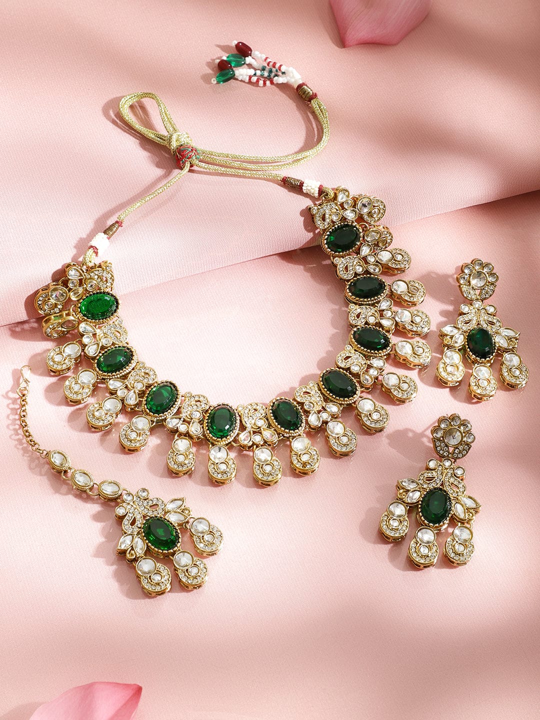 Rubans 22K Gold-Plated Emerald Green Stone, Kundan & Cubic Zirconia Statement Bridal Necklace Set Jewellery Set