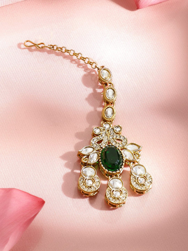 Rubans 22K Gold-Plated Emerald Green Stone, Kundan & Cubic Zirconia Statement Bridal Necklace Set Jewellery Set
