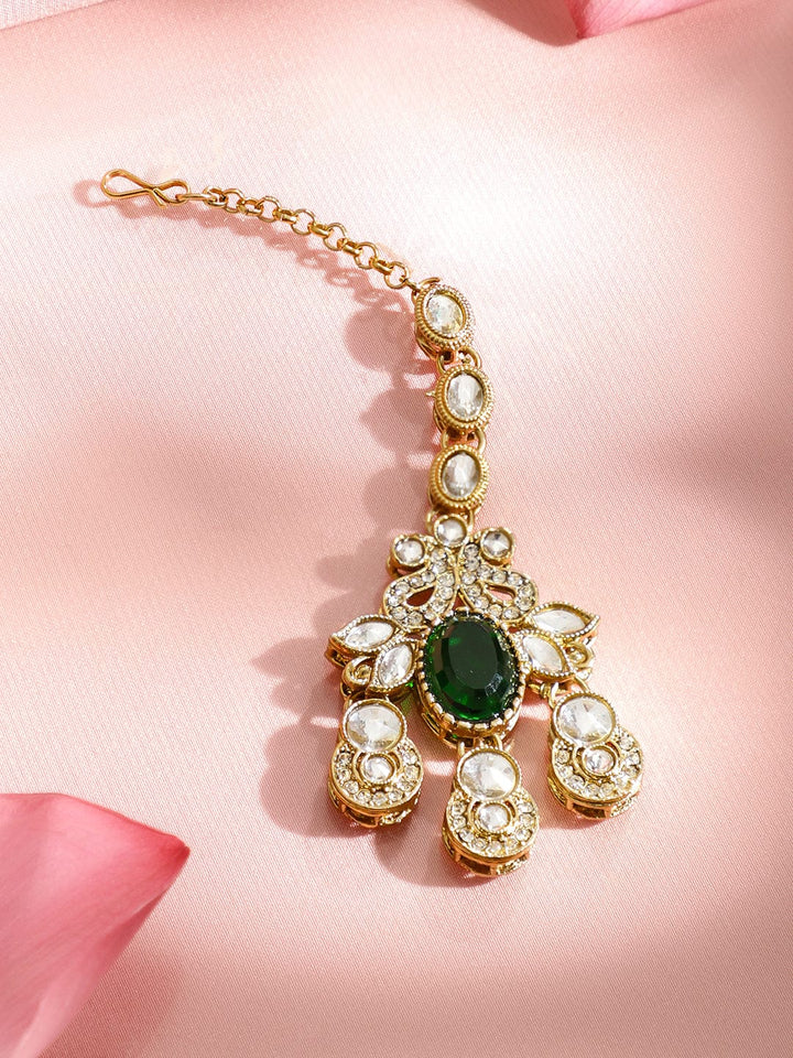 Rubans 22K Gold-Plated Emerald Green Stone, Kundan & Cubic Zirconia Statement Bridal Necklace Set Jewellery Set