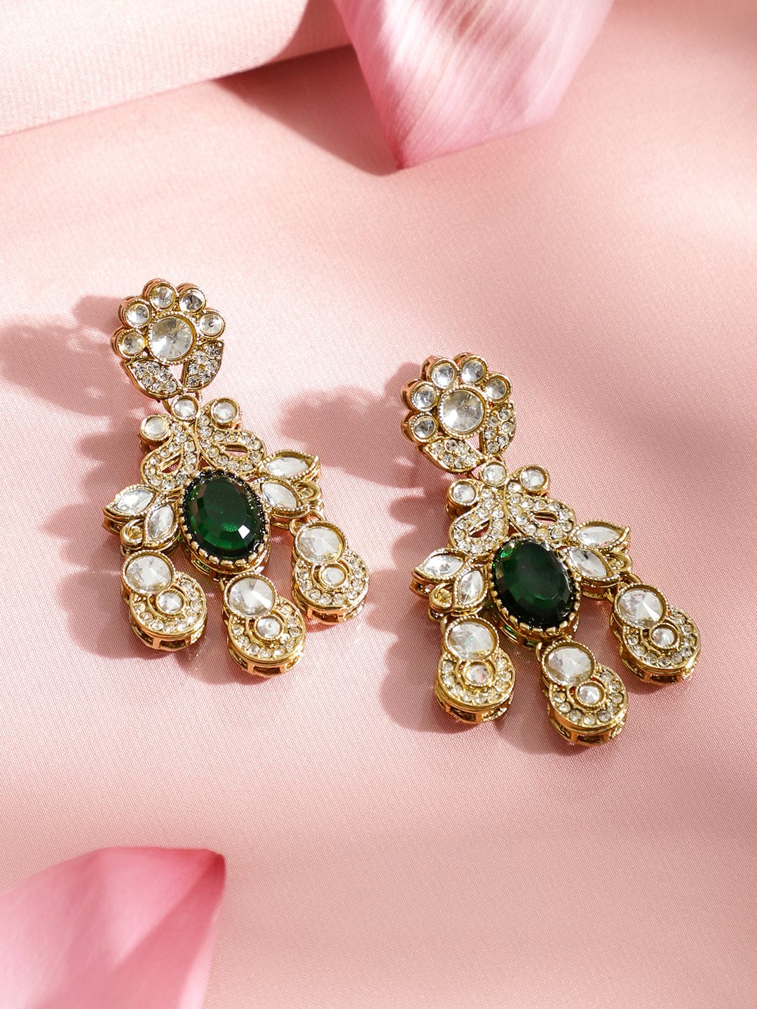 Rubans 22K Gold-Plated Emerald Green Stone, Kundan & Cubic Zirconia Statement Bridal Necklace Set Jewellery Set