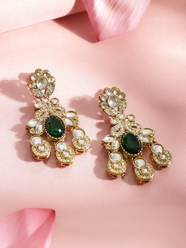 Rubans 22K Gold-Plated Emerald Green Stone, Kundan & Cubic Zirconia Statement Bridal Necklace Set Jewellery Set