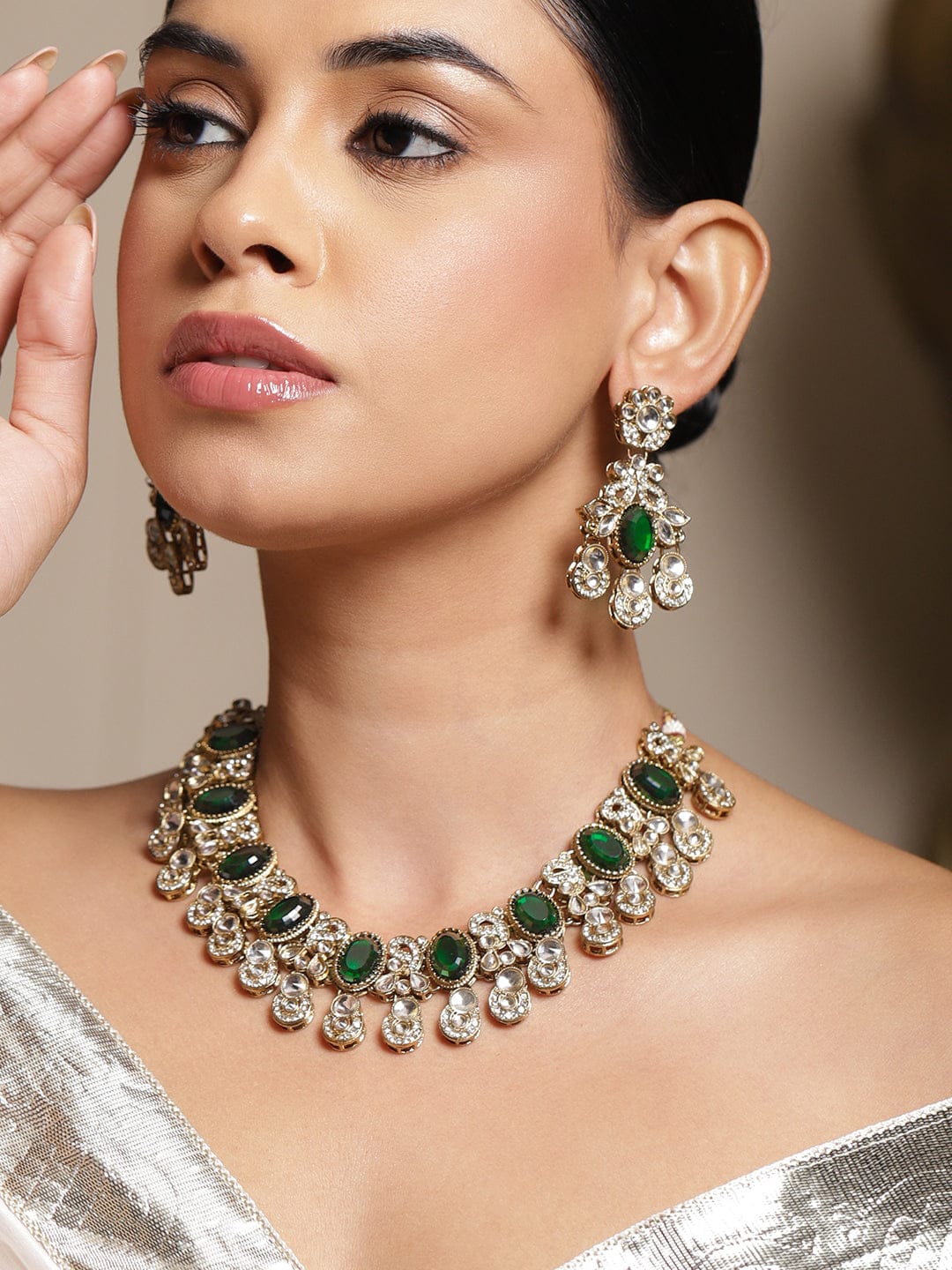 Rubans 22K Gold-Plated Emerald Green Stone, Kundan & Cubic Zirconia Statement Bridal Necklace Set Jewellery Set