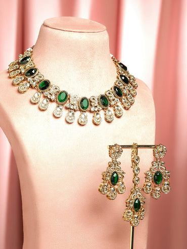 Rubans 22K Gold-Plated Emerald Green Stone, Kundan & Cubic Zirconia Statement Bridal Necklace Set Jewellery Set