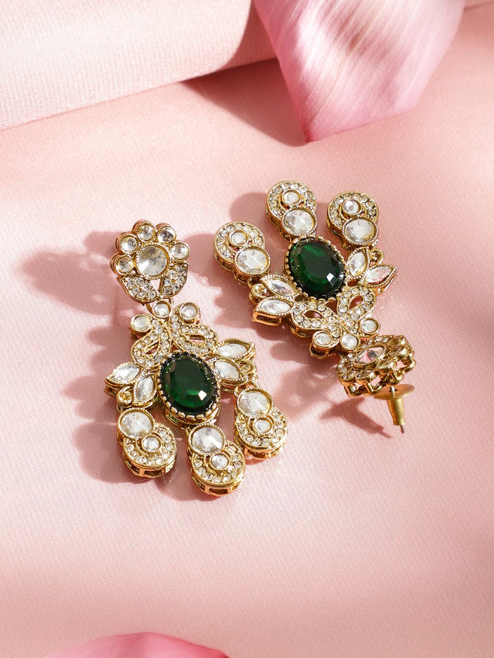 Rubans 22K Gold-Plated Emerald Green Stone, Kundan & Cubic Zirconia Statement Bridal Necklace Set Jewellery Set