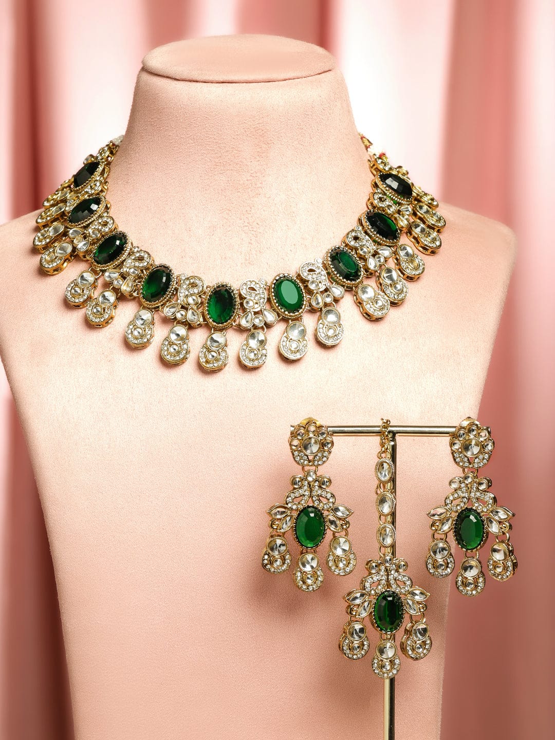 Rubans 22K Gold-Plated Emerald Green Stone, Kundan & Cubic Zirconia Statement Bridal Necklace Set Jewellery Set