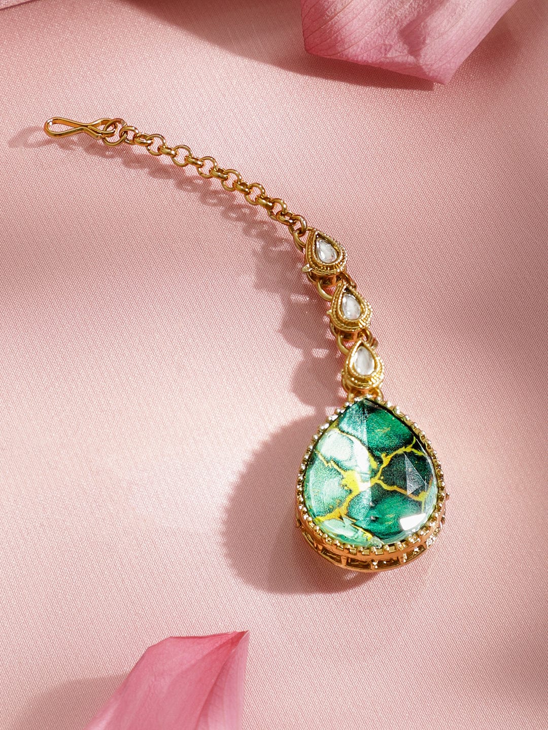 Rubans 22K Gold-Plated Emerald Green Stone, Kundan & Cubic Zirconia Statement Necklace Set Jewellery Set