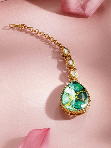 Rubans 22K Gold-Plated Emerald Green Stone, Kundan & Cubic Zirconia Statement Necklace Set Jewellery Set