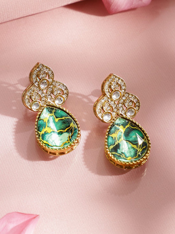 Rubans 22K Gold-Plated Emerald Green Stone, Kundan & Cubic Zirconia Statement Necklace Set Jewellery Set