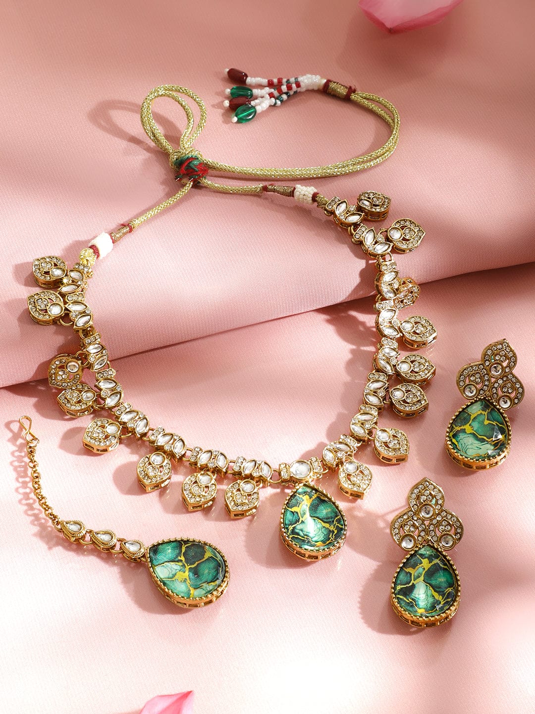 Rubans 22K Gold-Plated Emerald Green Stone, Kundan & Cubic Zirconia Statement Necklace Set Jewellery Set