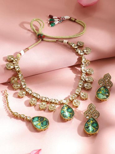 Rubans 22K Gold-Plated Emerald Green Stone, Kundan & Cubic Zirconia Statement Necklace Set Jewellery Set