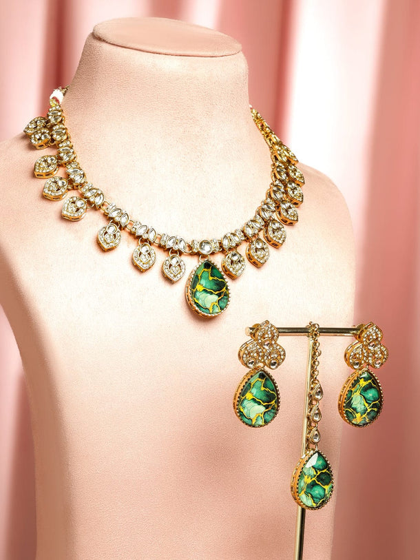 Rubans 22K Gold-Plated Emerald Green Stone, Kundan & Cubic Zirconia Statement Necklace Set Jewellery Set