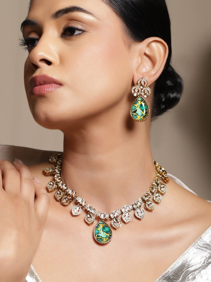Rubans 22K Gold-Plated Emerald Green Stone, Kundan & Cubic Zirconia Statement Necklace Set Jewellery Set
