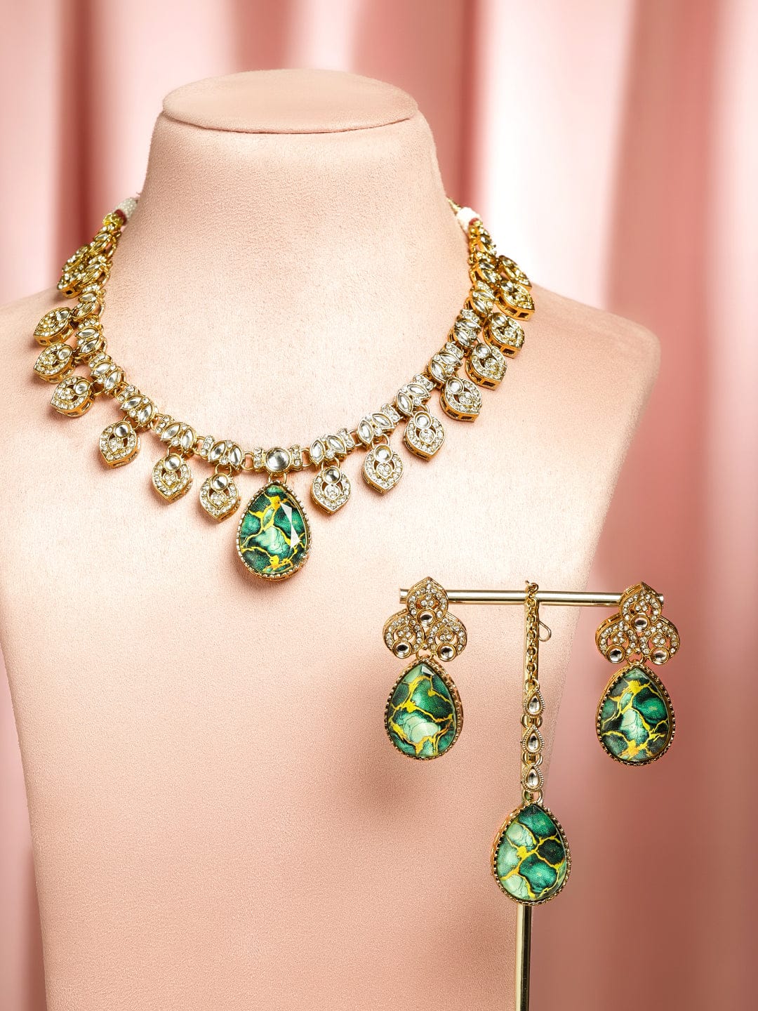 Rubans 22K Gold-Plated Emerald Green Stone, Kundan & Cubic Zirconia Statement Necklace Set Necklace Set