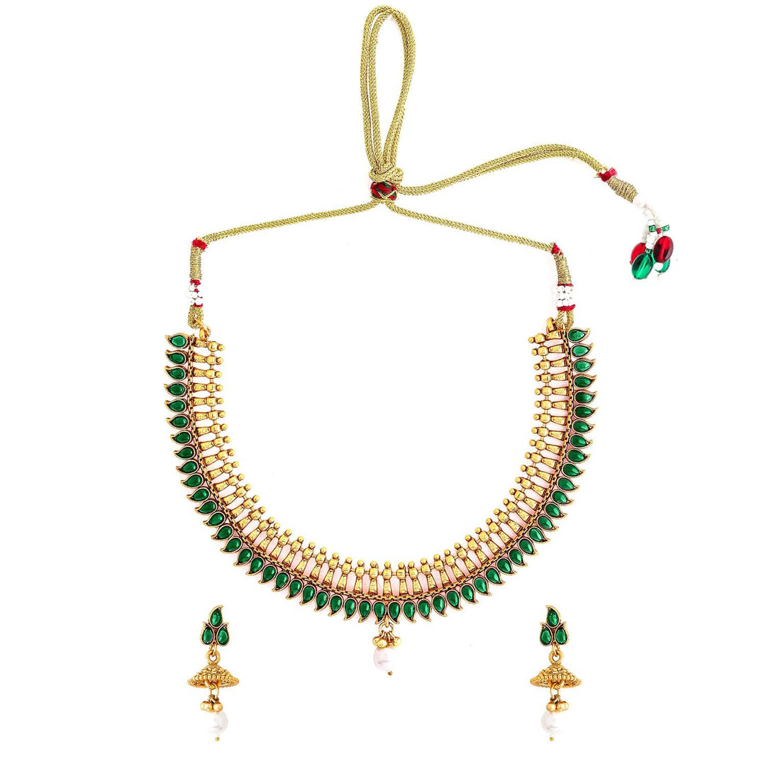 Rubans 22K Gold-Plated Emerald Green Stone & Pearl Drop Traditional Jewellery Set Necklace Set