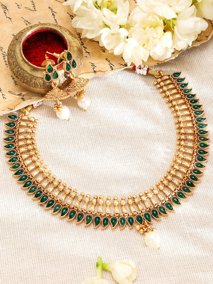 Rubans 22K Gold-Plated Emerald Green Stone & Pearl Drop Traditional Jewellery Set Necklace Set