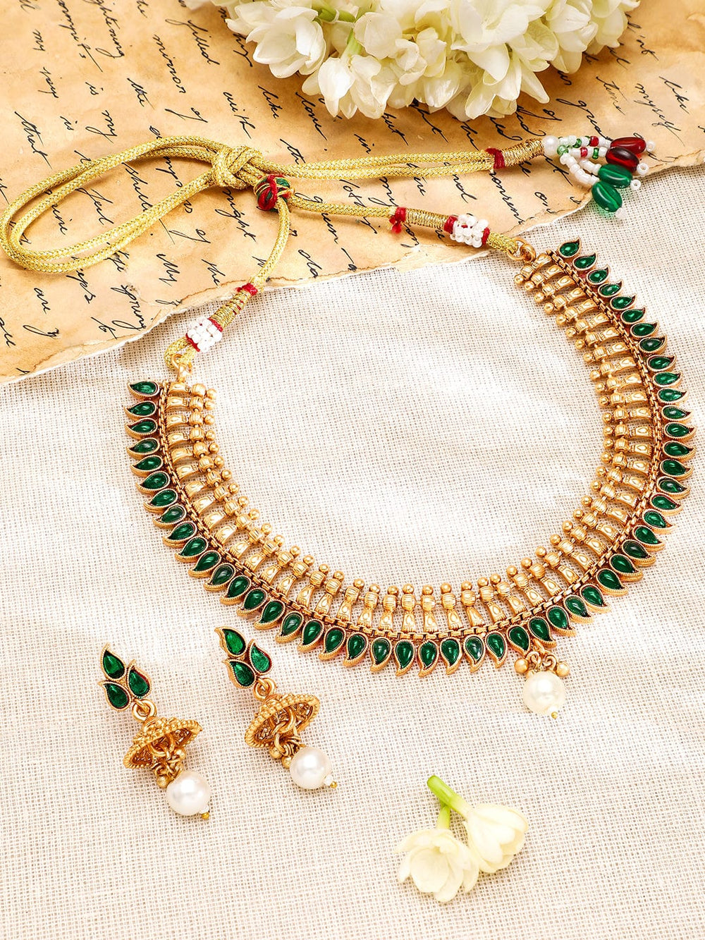 Rubans 22K Gold-Plated Emerald Green Stone & Pearl Drop Traditional Jewellery Set Necklace Set