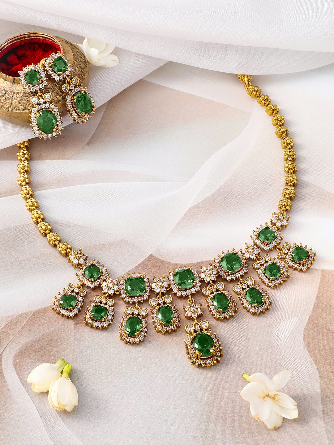 Rubans 22K Gold-Plated Emerald Green Stone & Sparkling Cubic Zirconia Studded Necklace Set Jewellery Set